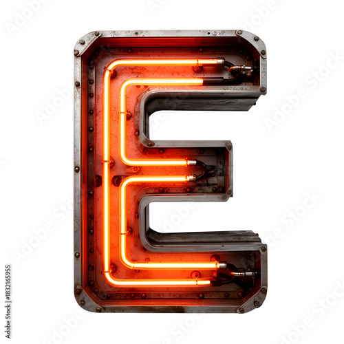 Retro Neon Letter E with Exposed Tubes and Industrial Metal Frame on Transparent Background