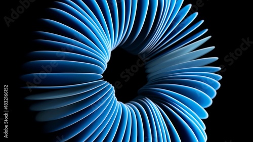 Elegant blue spiral shape composed of multiple thin discs twisting in a seamless loop against a solid black background, creating a mesmerizing and hypnotic optical illusion with its fluid motion