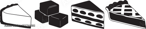 Hand drawn illustration of four different dessert slices on a white background