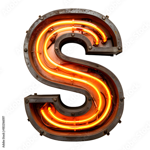 Retro Neon Letter S with Exposed Tubes and Industrial Metal Frame on Transparent Background