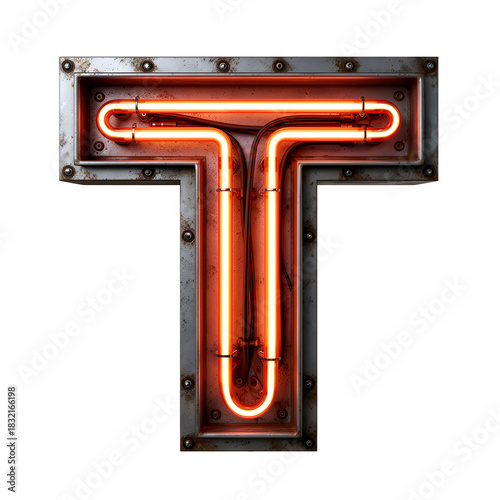 Retro Neon Letter T with Exposed Tubes and Industrial Metal Frame on Transparent Background