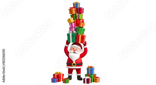 Santa Claus delivering a huge pile of colorful Christmas presents for the holidays celebrations