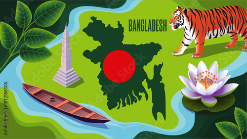 Colorful Bangladesh culture illustration with map flag national monuments Royal Bengal tiger river boat and water lily flower