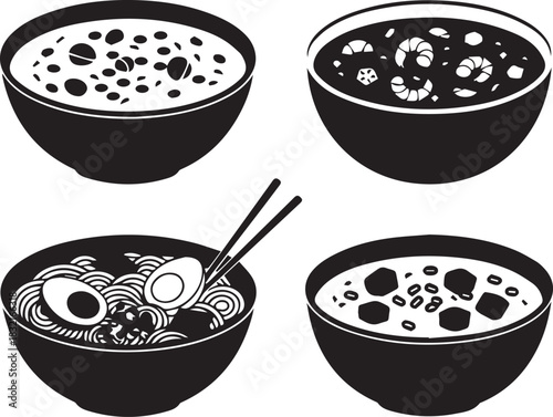 Four bowls of delicious soup and noodles illustration