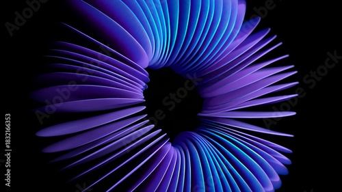 Futuristic abstract design element with rotating purple and blue layers forming a vibrant, dynamic ring shape, perfect for modern motion graphics, backgrounds, and visual presentations