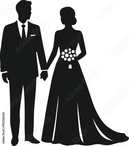 Timeless newlywed couple silhouette vector, elegant bride & groom wedding icon