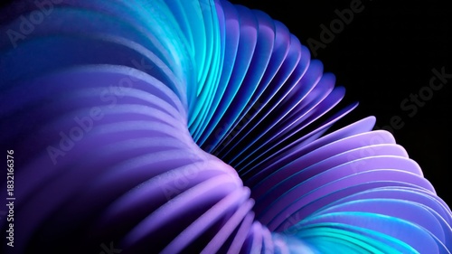 Smooth, abstract spiral shape rotating slowly with purple and cyan neon colors against a dark background, creating a mesmerizing and seamless futuristic looping animation for modern design projects