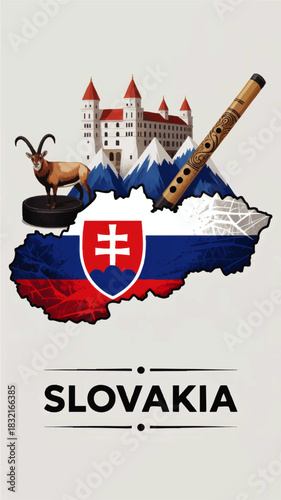Slovakia travel illustration with flag map, Bratislava castle, Tatra mountains, chamois, hockey puck and wooden folk fujara flute