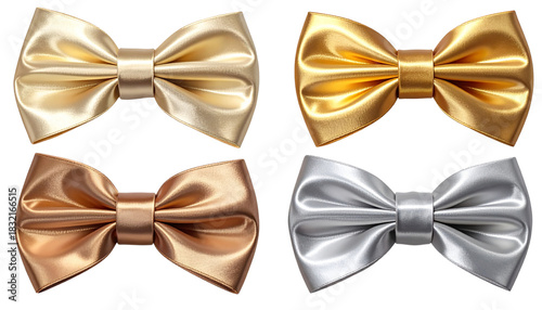 Isolated Metallic Satin Bow Ties Set - Luxury Collection of Formal Neckwear in Gold, Silver, and Copper Shades