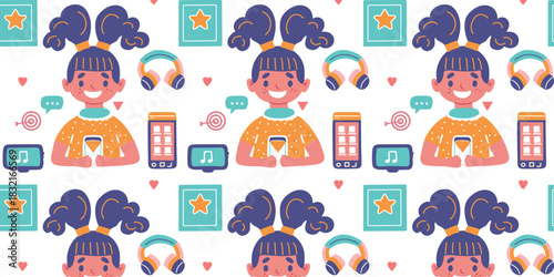 repeating illustration of kid with electronic devices