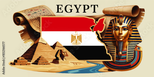 Egypt travel illustration with pyramids Sphinx pharaoh mask Nile river papyrus scroll and national flag map composition