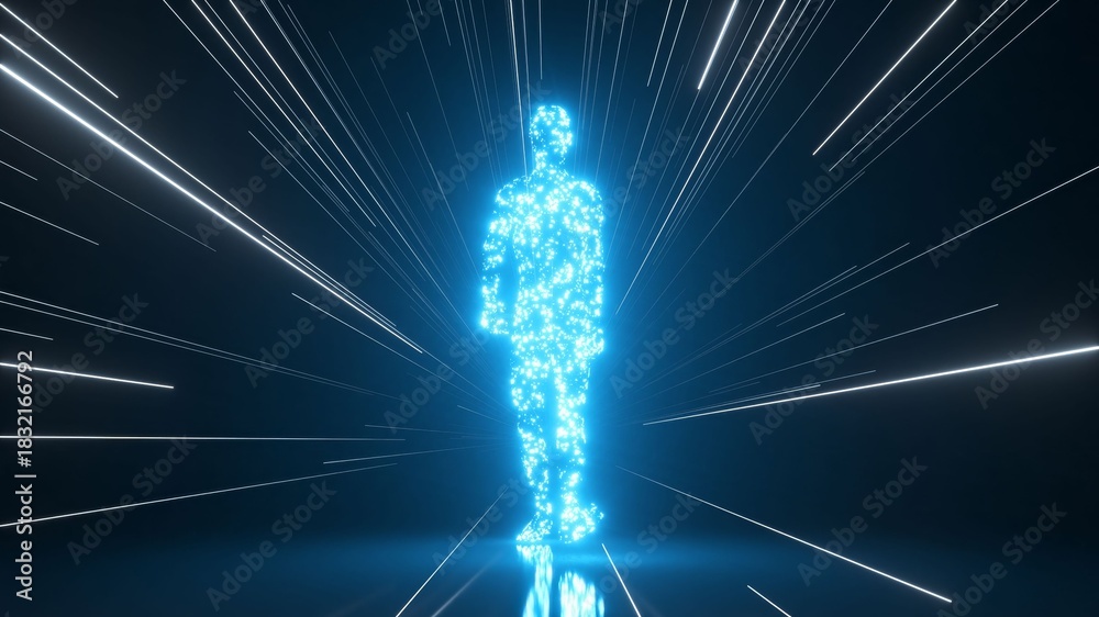 Fototapeta premium Glowing blue particle human strides through a dark futuristic tunnel of streaking light and data, evoking ai, metaverse, cyberspace, networking and digital transformation motion