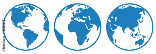 blue globe world map icon set