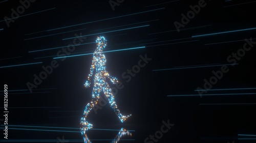 Abstract animation of a human figure made of glowing particles walking through a dark digital environment with light streaks, representing concepts of technology, data, and virtual reality
