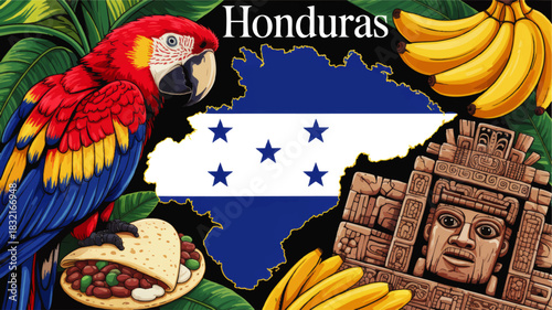 Colorful Honduras culture illustration with macaw, map and flag, tropical bananas, Mayan ruins and traditional Central America food