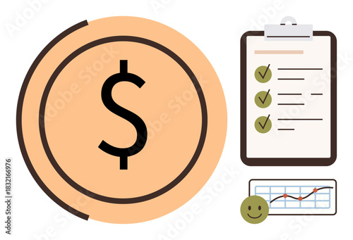 Dollar sign in a circle, checklist clipboard with tick marks, rising graph with a happy face. Ideal for finance, budgeting, business planning, savings, success, investment simple flat metaphor