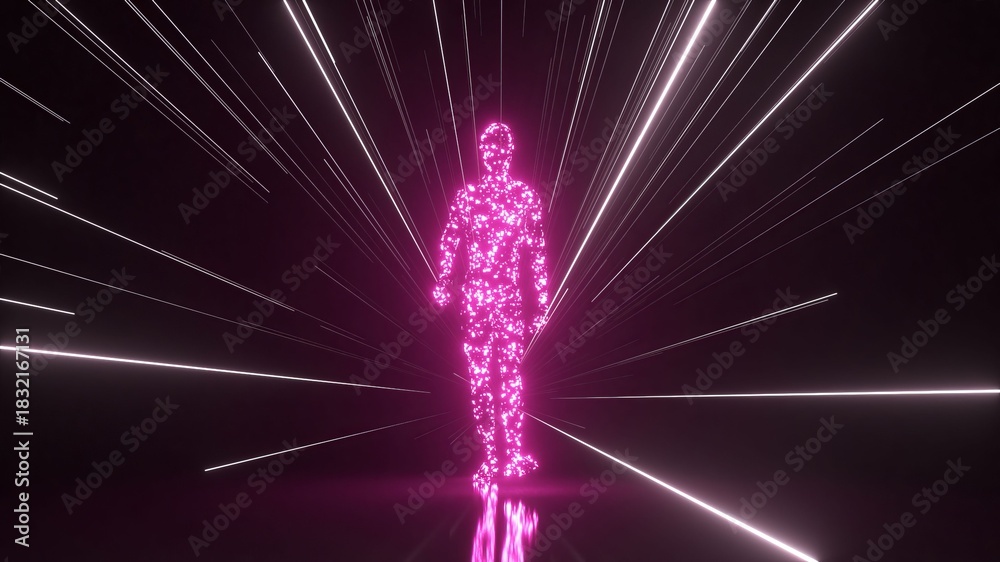 Fototapeta premium Glowing purple humanoid silhouette made of digital particles walking forward through a dark tunnel with streaks of white light, representing concepts of artificial intelligence and cyberspace