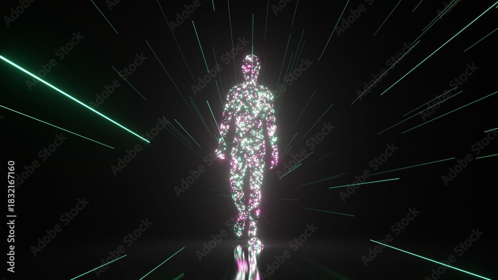 Fototapeta premium Glittering human figure materializing from abstract particles and walking forward inside a dark tunnel illuminated by radiating green neon laser beams, representing a concept of digital soul