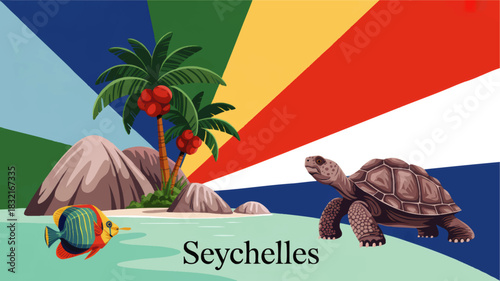 Seychelles tropical island illustration with flag colors, palm trees, giant tortoise and exotic fish in turquoise lagoon