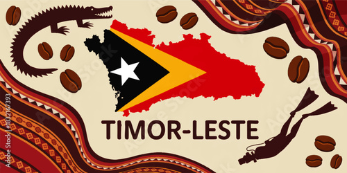 Timor Leste travel illustration with national flag map, coffee beans, crocodile, diver and traditional textile pattern background