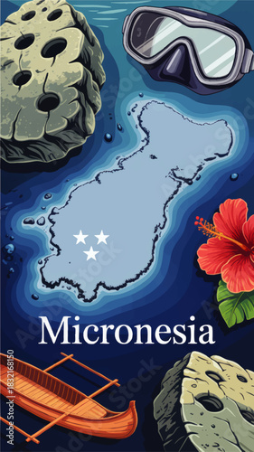 Micronesia travel poster illustration with island map, snorkeling gear, coral rocks, outrigger canoe and tropical hibiscus flower