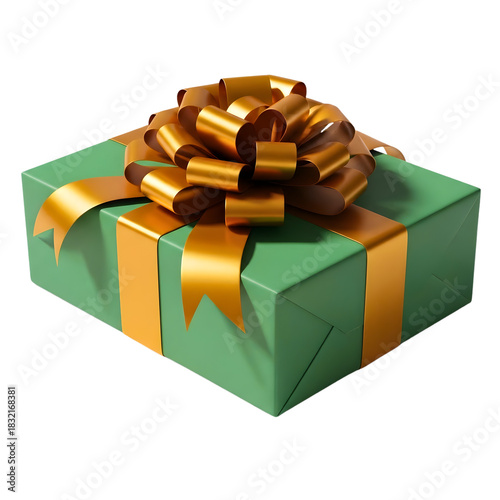 Green gift box with gold ribbon isolated on transparent background