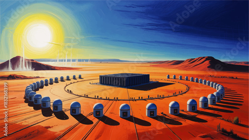 Futuristic desert colony with circular pods around central base under bright sun, sci fi space settlement landscape illustration
