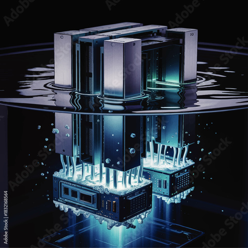 Futuristic liquid cooling data center servers submerged in water, glowing cyber blue supercomputer concept on dark background