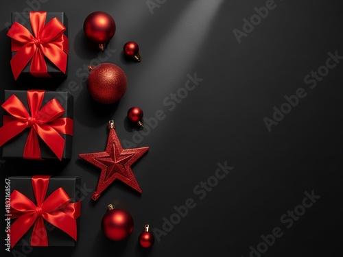A stylish Christmas composition featuring black gift boxes wrapped with bright red ribbons, surrounded by red ornaments and decorative elements on a dark background.