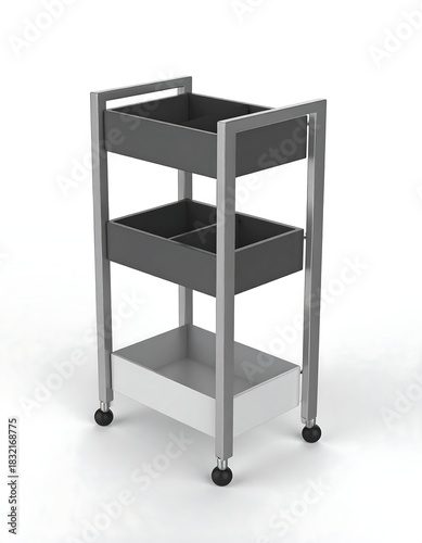 Modern Gray Rolling Cart with Three Shelves for Storage.