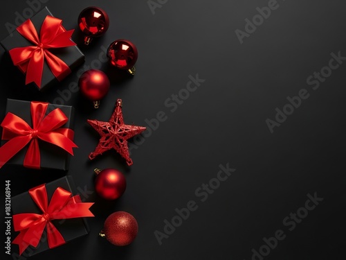 A stylish Christmas composition featuring black gift boxes wrapped with bright red ribbons, surrounded by red ornaments and decorative elements on a dark background.