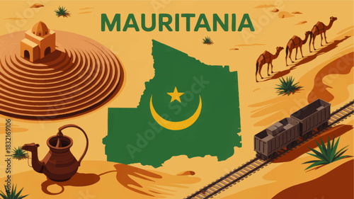 Mauritania country map with flag, Sahara desert landscape, camel caravan, iron ore train and traditional culture illustration
