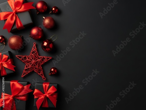 A stylish Christmas composition featuring black gift boxes wrapped with bright red ribbons, surrounded by red ornaments and decorative elements on a dark background.