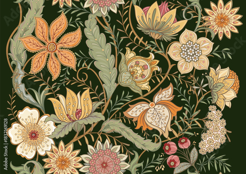 Wallpaper Mural Ornate floral seamless pattern. Elegant hand-drawn botanical motif with intricate repeating layout for textile and wallpaper. Classic flowers and foliage create a refined vintage background. Torontodigital.ca