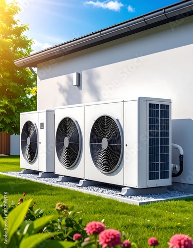 Modern Heat Pump System Installed Outside a Residential Building.