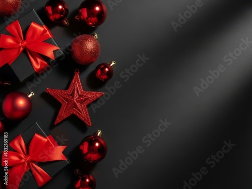 A stylish Christmas composition featuring black gift boxes wrapped with bright red ribbons, surrounded by red ornaments and decorative elements on a dark background.