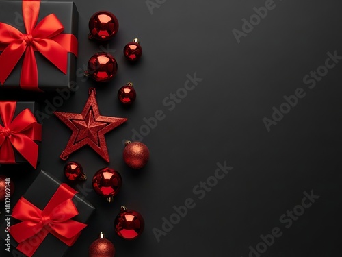 A stylish Christmas composition featuring black gift boxes wrapped with bright red ribbons, surrounded by red ornaments and decorative elements on a dark background.