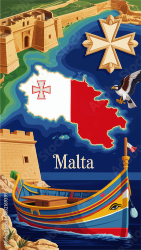 Colorful Malta travel poster with traditional luzzu boat, island map, fortifications, Maltese cross and Mediterranean sea illustration