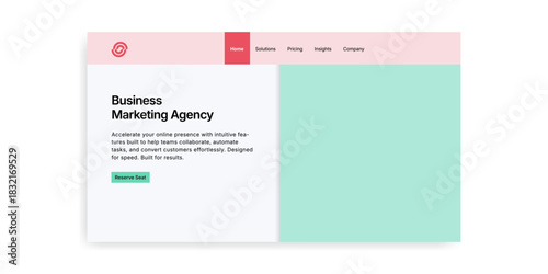 A website layout showcasing business marketing agency with pink and mint color block design elements