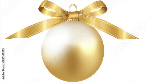 A simple vector, Golden christmas ball with ribbon isolated over white background. Holiday ornament, winter decoration