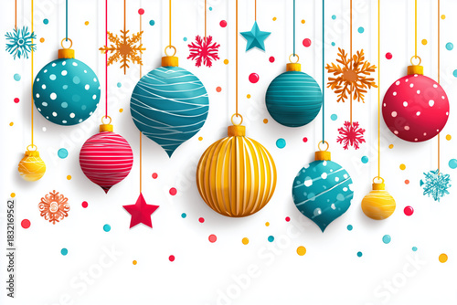 A Xmas glass balls Hanging decorations. Christmas template. New year banner, card. Vector holiday season illustration