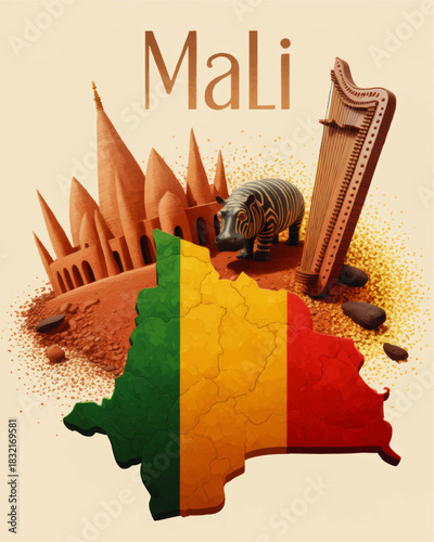 Mali travel illustration with national map flag, Great Mosque of Djenné, hippo wildlife and traditional kora harp on desert background
