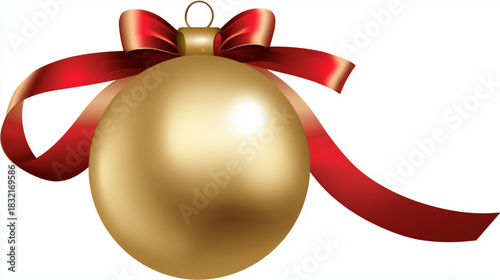 A simple vector, Golden christmas ball with ribbon isolated over white background. Holiday ornament, winter decoration
