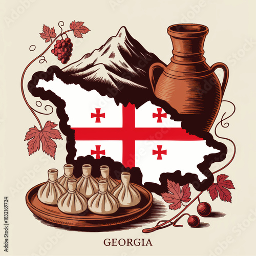 Georgian cuisine and wine illustration with map, flag, khinkali dumplings, qvevri clay jug, Caucasus mountains and grape vines