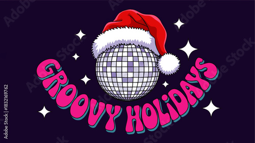 Retro groovy Christmas disco ball with Santa hat and pink holiday typography on dark purple festive background illustration