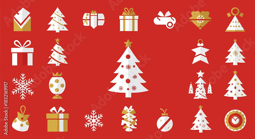 A collection of white and gold Christmas-themed icons and illustrations on a vibrant red background, featuring various decorated trees, gift boxes, snowflakes, and festive ornaments.