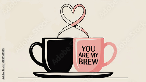 Romantic coffee mugs illustration with heart steam and quote You Are My Brew, cute black and pink couples art on pastel background