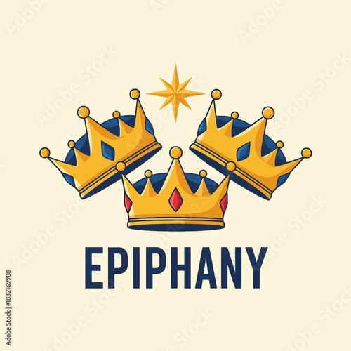 Three golden crowns with a star above and the word Epiphany below.