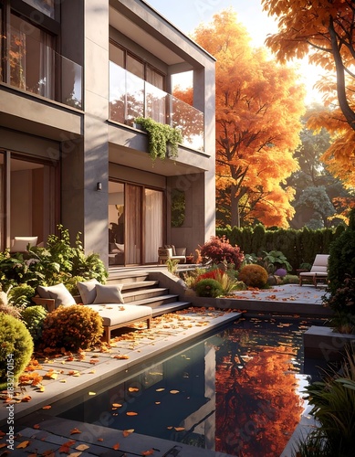 Modern Home with Autumnal Garden and Reflective Pool.