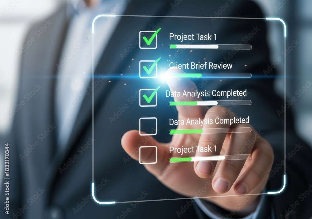 Obraz premium Business Person Completing Project Checklist on Transparent Digital Interface Screen